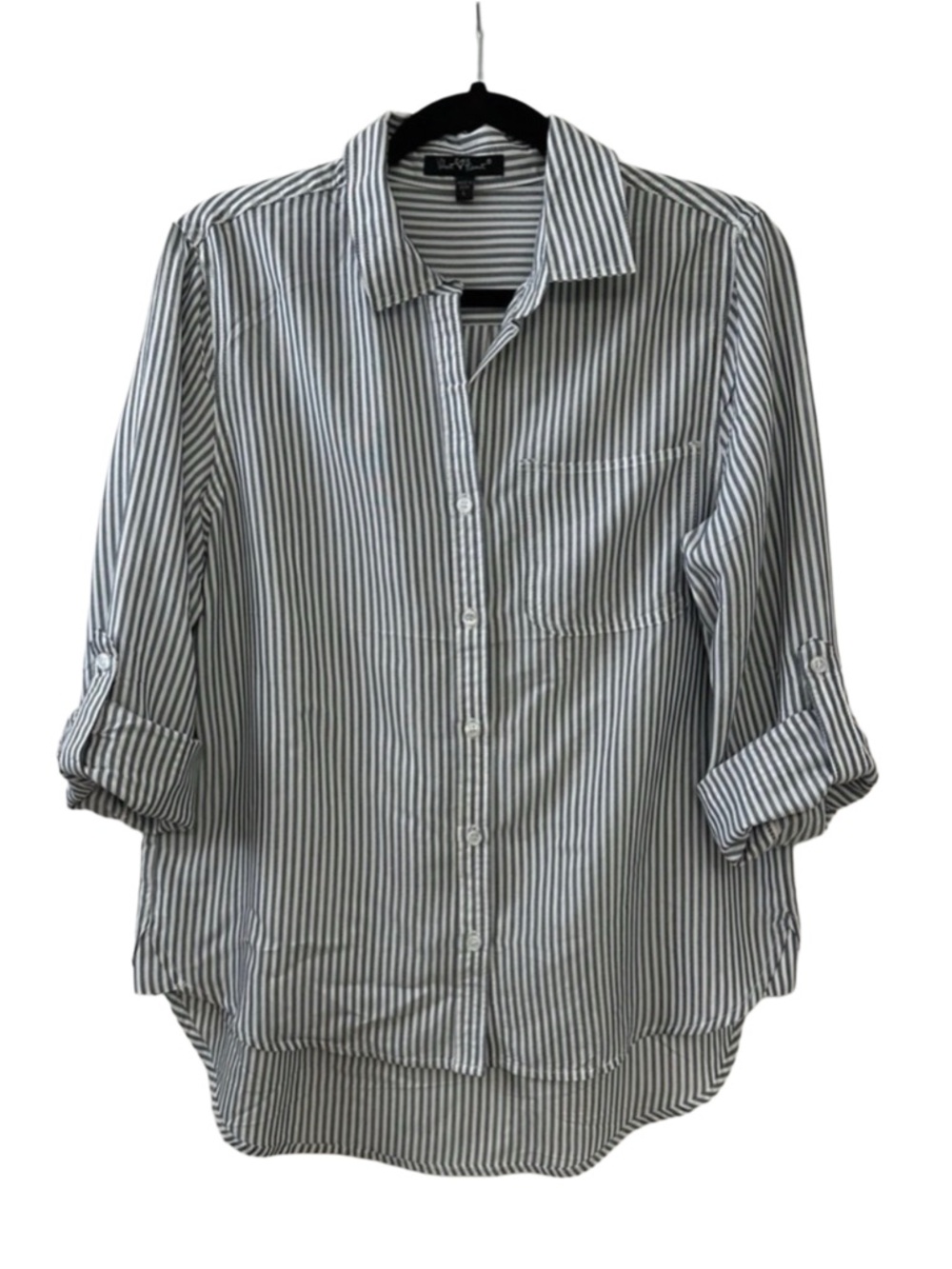 Velvet Heart Gray White Striped Button Down Shirt Roll Tab Sleeve High Low Top L
